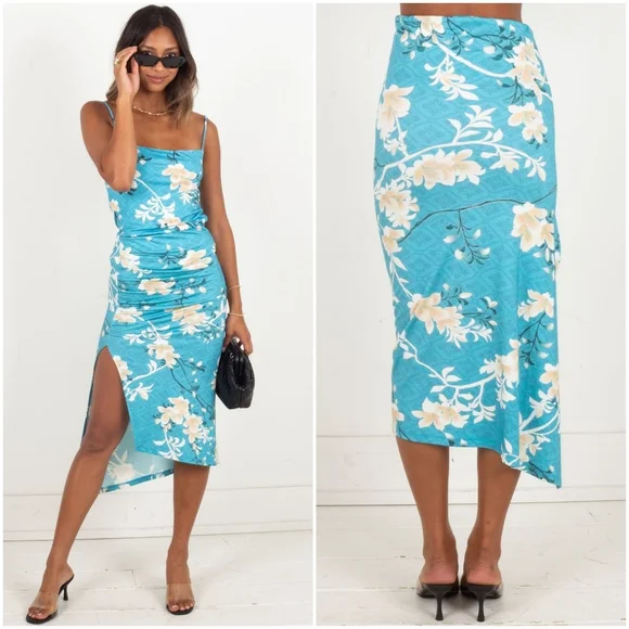 Novella Royale Evie skirt aqua lilies S blue floral bodycon pencil shirred - Picture 4 of 16